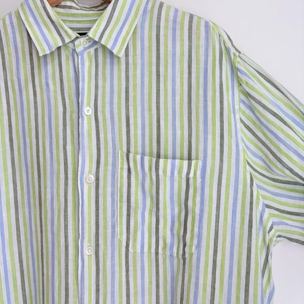 Banana Republic Mens L Linen Striped Button Front Shirt Long Sleeve Green Blue